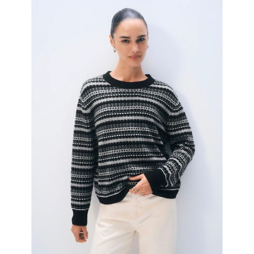 White & Warren Sweater 100% Cashmere Fair Isle Crewneck Black Gray Women Large